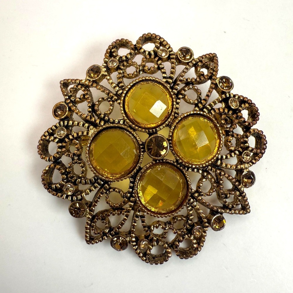 Premier Designs Yellow Rhinestone Filigree Brooch Gold Tone Statement Pin